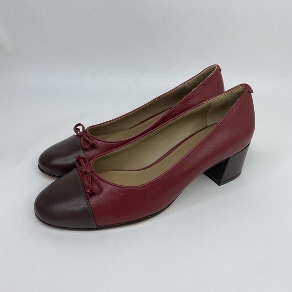 Bernardo Shoes - BERNARDO Marisol Cap Toe Pumps Two Tone‎ Leather Dark Red/Brown Sz 9M Block Heel